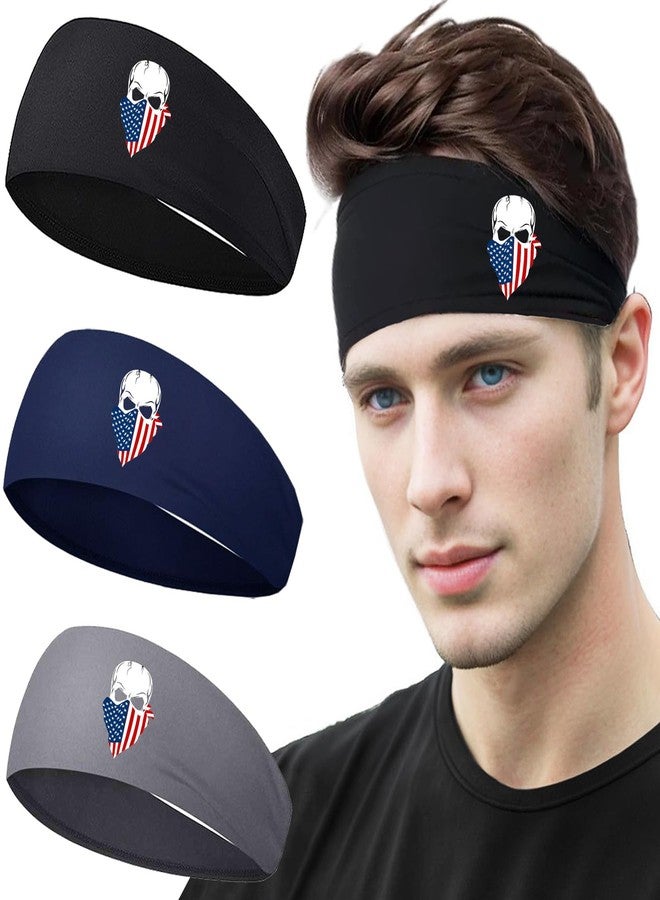 FACITE 3PCS Sweatbands for Men Women Sweat Band Headbands Men Sport Workout Headbands for Mens Cooling Head Bands Skull American Flag Stretchy Hairband for Running Yoga Gym Hip Hop Football 4th July Gift - Image 1